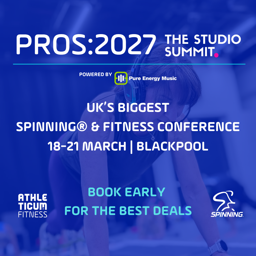Promotional poster for PROS:2027 and The Studio Summit on 18-21 March 2027 by Athleticum Fitness in the UK. Image with a person exercising in the background.