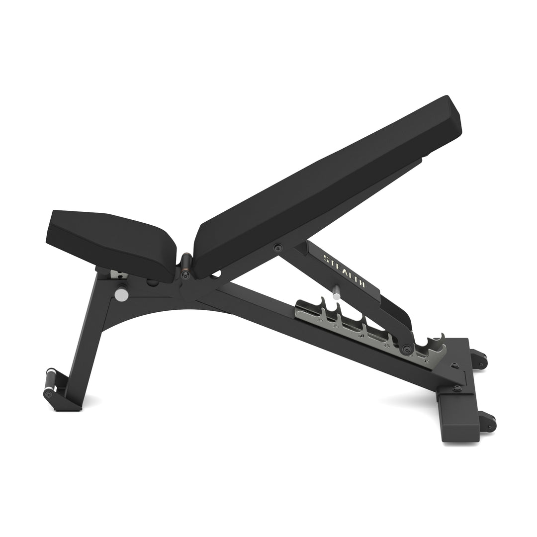 Black adjustable weight bench on a white background