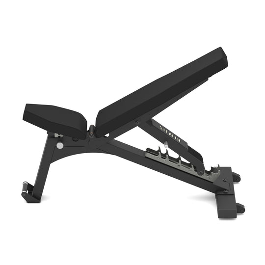 Black adjustable weight bench on a white background